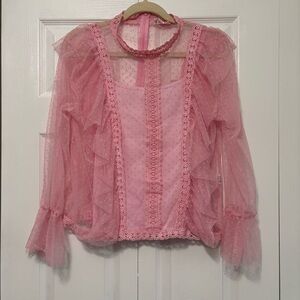 Girlhoodcore coquette Pink Sheer Ruffle Lace Long Sleeve Blouse Valentine's Day